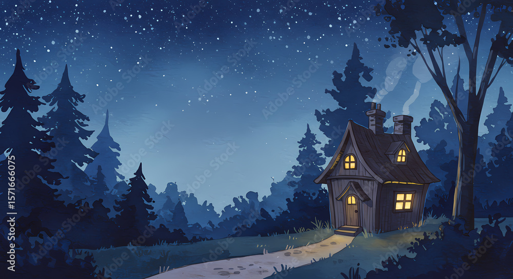 custom made wallpaper toronto digitalWatercolor Enchanted Forest Cottage at Night A Serene Illustration of Cozy Cabin under Starry Sky