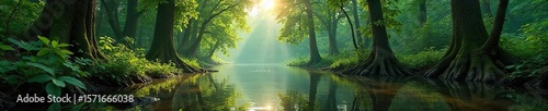Sun-Drenched Flooded Forest Tranquil Waters Reflecting Lush Green Vegetation and Partially Submerged Trees in a Unique Ecosystem Haven