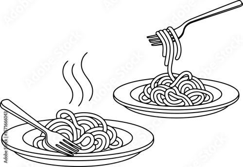  two plates of spaghetti, one with a fork lifting noodles and another steaming, all in a black and white outline style. 