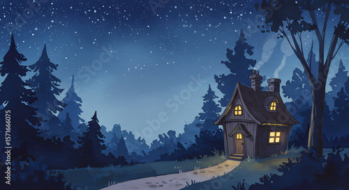 Wallpaper Mural Watercolor Enchanted Forest Cottage at Night A Serene Illustration of Cozy Cabin under Starry Sky Torontodigital.ca