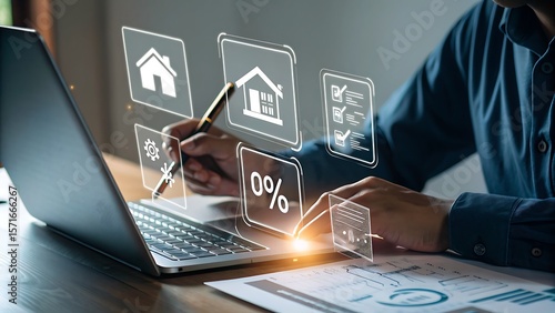 Photo of a man is using a laptop to review real estate options, checking a checklist and percentage details