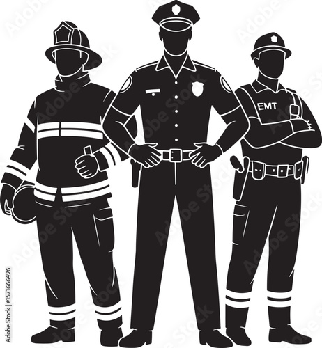 Silhouette of Firefighter Police Officer EMT Standing Together for First Responder Hero Appreciation Design