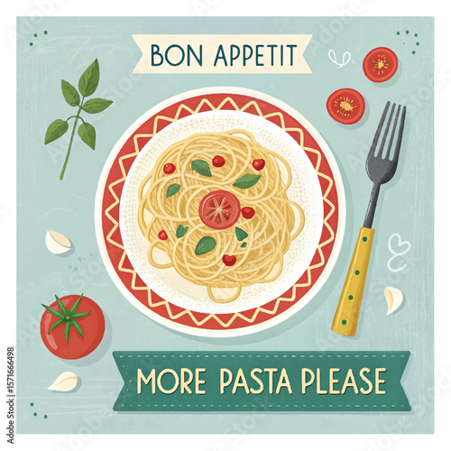Italian pasta. Vector fun modern food art illustration of pasta, plate of spaghetti, tomato, typography, fork for kitchen or cafe wall poster, background, decor. More pasta please. Bon Appetit