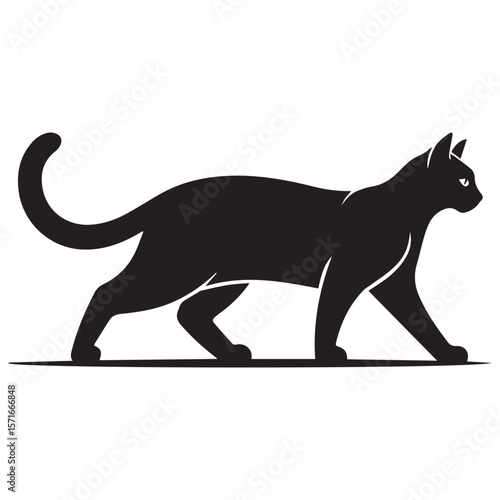 Elegant black cat silhouette walking gracefully with a curved tail and sharp eyes on a white background