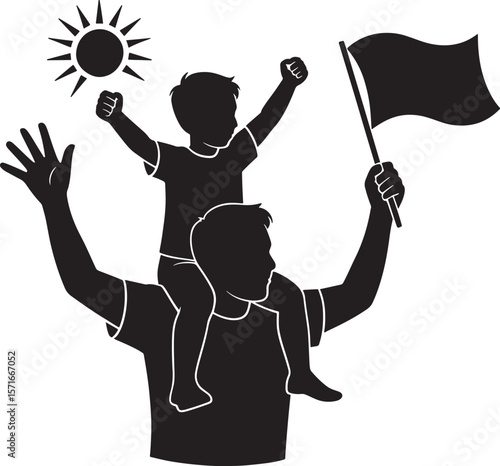 Silhouette of father carrying child on shoulders with flag and sun illustration family celebration concept