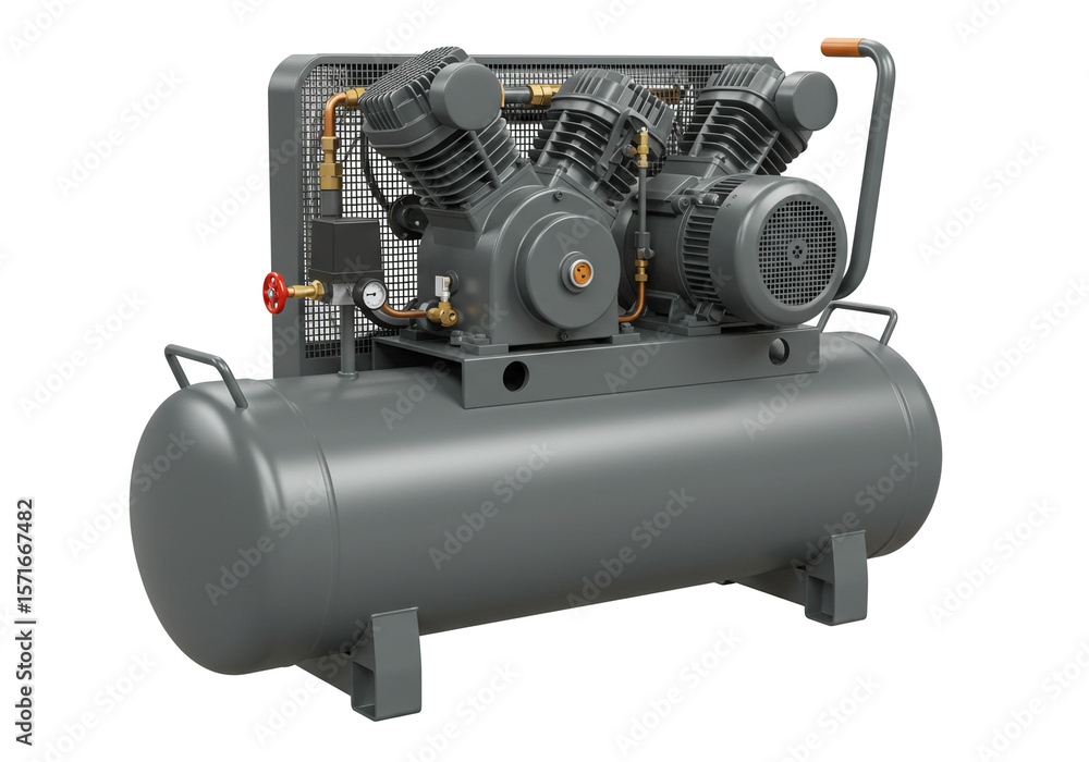 A gray air compressor with a tank and motor isolated on a white background in a studio shot A gray air compressor with a tank and motor isolated on a white background in a studio shot