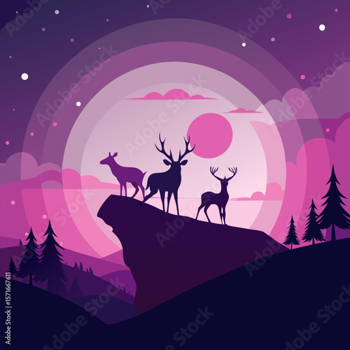 Composition of a circle an with elk staying on the top of the mountain