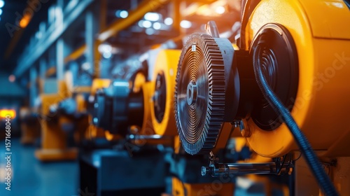 Industrial machinery in motion, factory setting, orange and black components