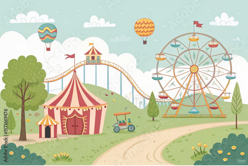 carousel in the forest. Amusement park, carnival or festive fair cartoon vector illustration. Rollercoaster, circus tent and Ferris wheel, elements for children summer fun