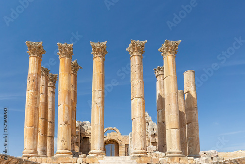 Corinthian columns surround the temple or Sanctuary of Artemis in Jerash Jordan.