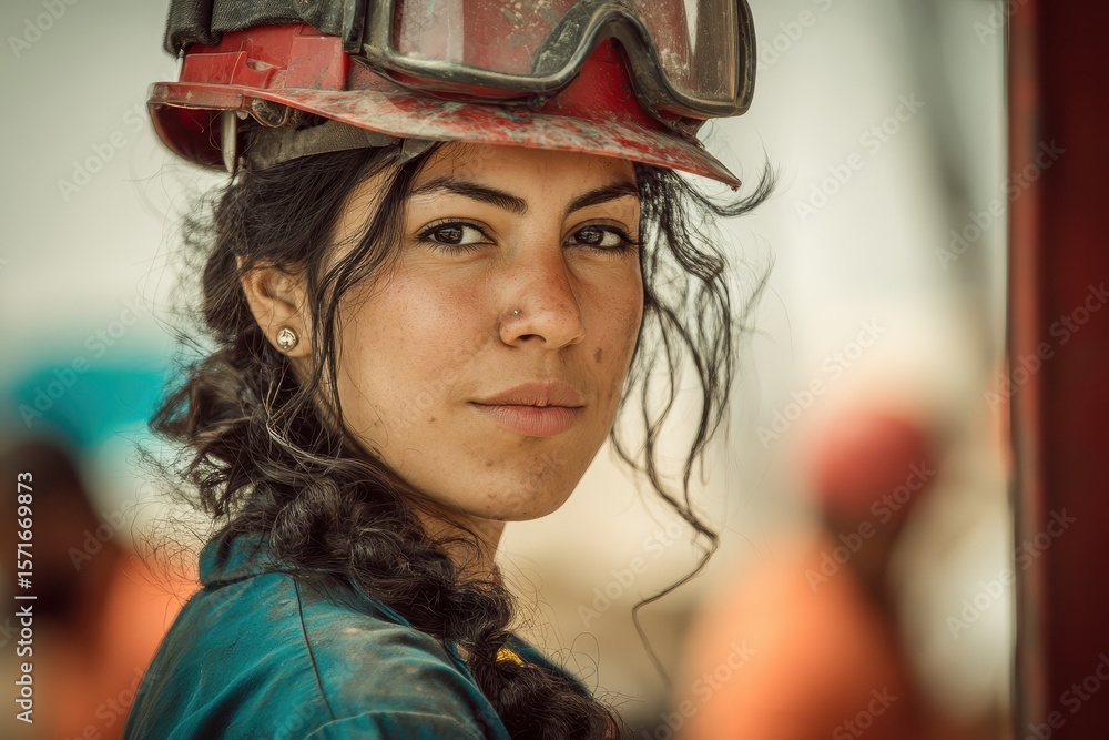 Woman worker in safety gear focused at a construction site during daytime with colleagues in the background Woman worker in safety gear focused at a construction site during daytime with colleagues in the background