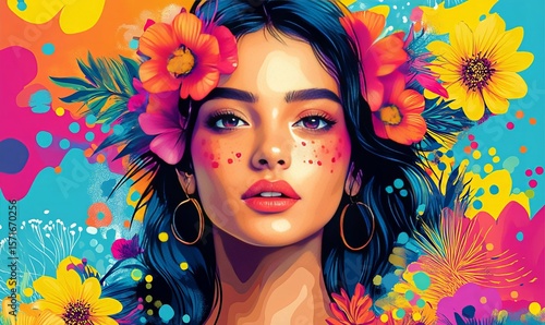 A portrait of a woman adorned with flowers.