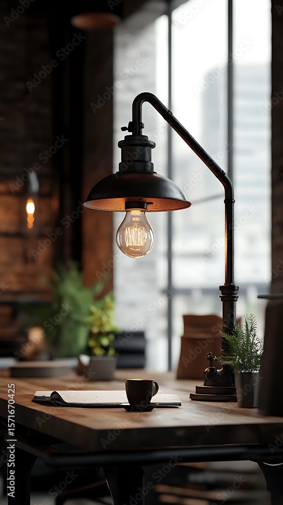 Naklejka premium An industrial lamp shines over a table with coffee, paper, and plants indoors