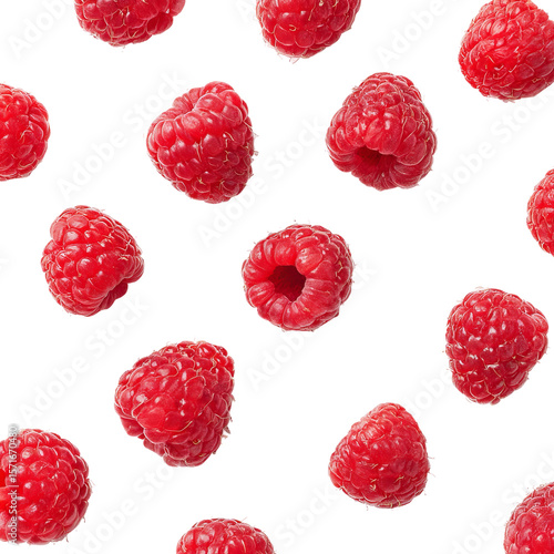 Fresh, vibrant raspberries scattered in a delightful pattern, bursting with natural sweetness and a pop of color