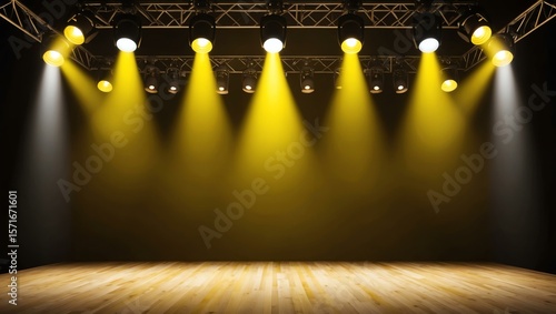 Combination of yellow and gold stage lights with vibrant effect focusing at the center of the empty stage background