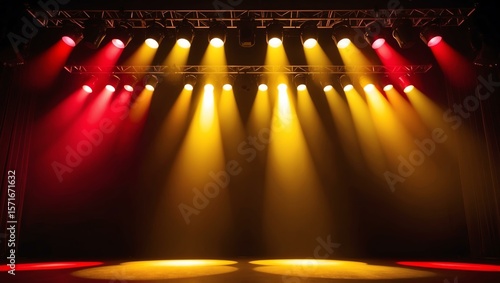 Combination of red and yellow stage lights with vibrant effect focusing at the center of the empty stage background