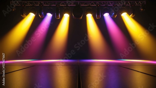 Combination of colorful and yellow stage lights with vibrant effect focusing at the center of the empty stage background