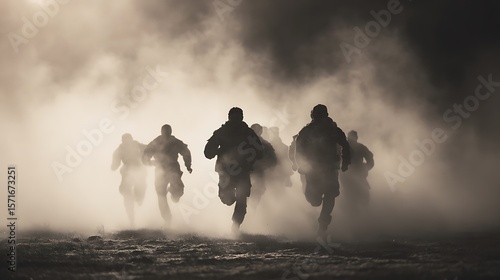 Silhouette of a group of people running through a dusty, smoky environment.