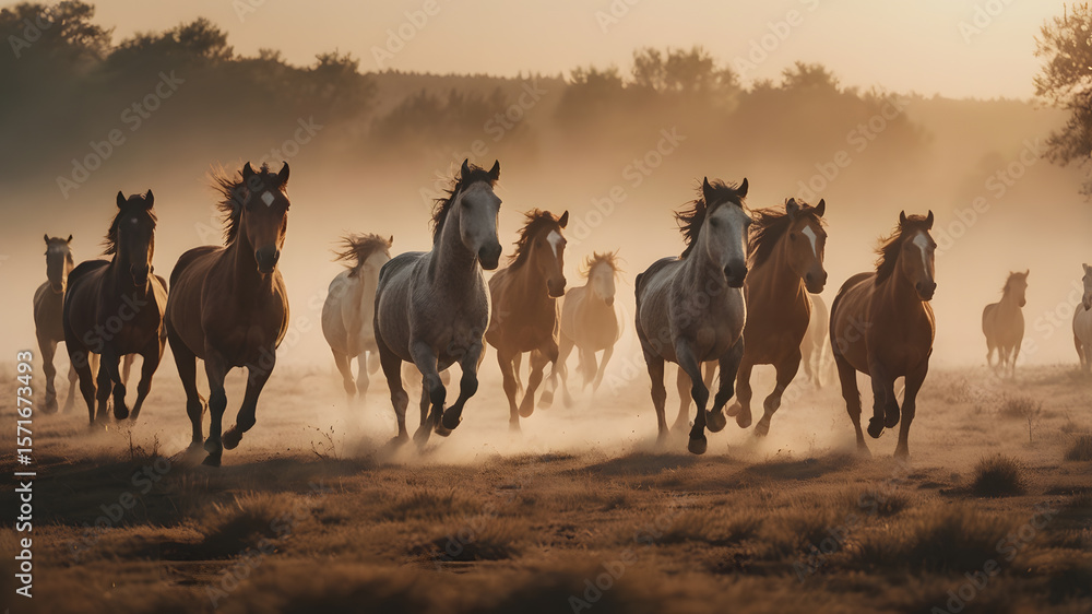 Fototapeta premium A herd of horses running in a field