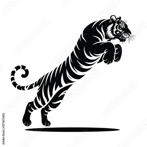 Black tiger leaping silhouette with tribal design elements