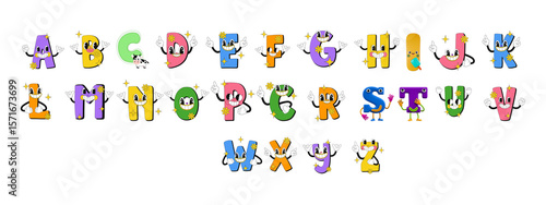 Retro Vintage Alphabet Cartoon Character Colorful alphabet letters. 