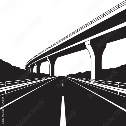 Perspective view of a highway overpass and road with guardrails in silhouette