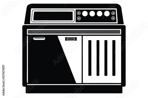 Black and White Silhouette of Vintage Minicomputer Featuring a Display Screen and Control Panel