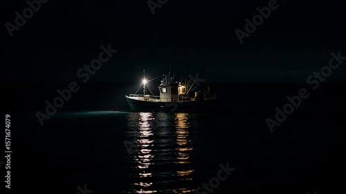 Fishing vessel shines brightly in dark waters during nighttime search