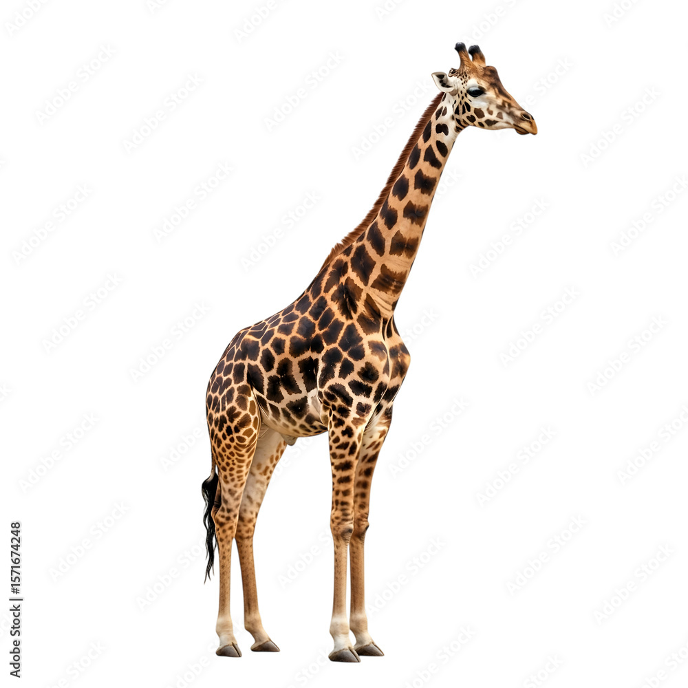 Fototapeta premium Behold the Elegant Beauty of a Graceful Giraffe with its Remarkably Long Neck on isolated transparent background.