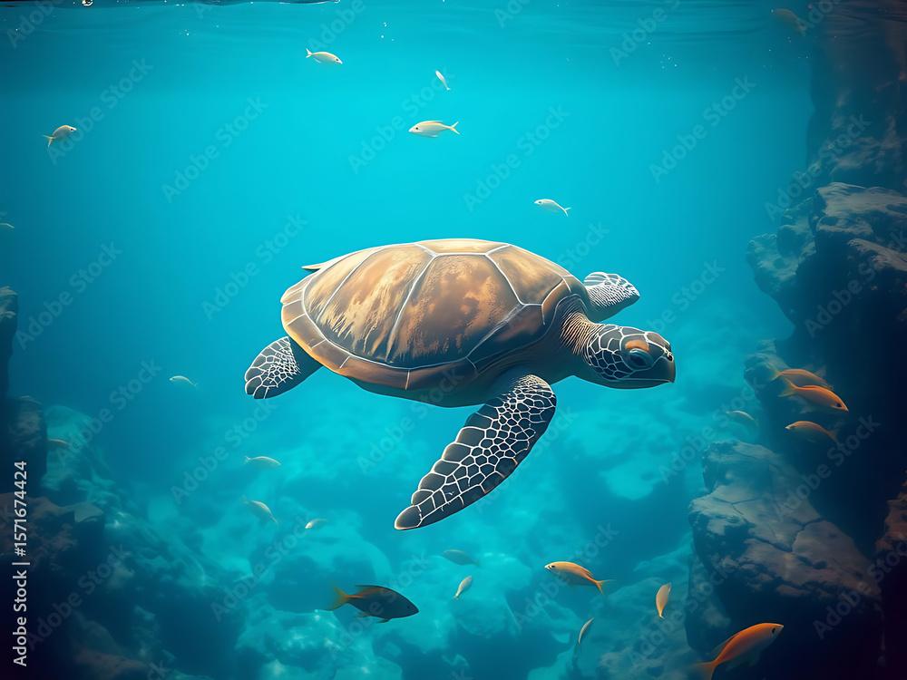 Obraz premium Green sea turtle gracefully glides through the vibrant blue ocean, its powerful fins propelling it past colorful coral reefs and diverse marine life