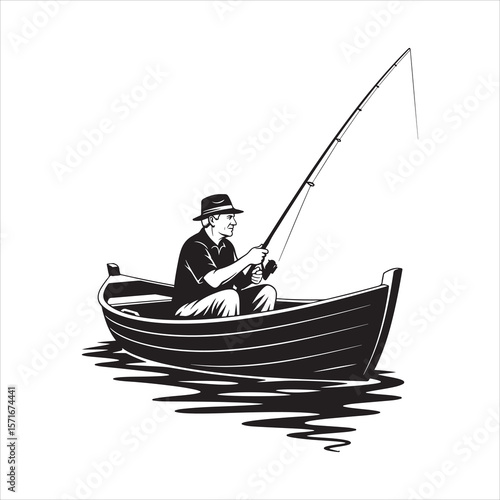 Man wearing a hat fishing from a boat silhouette isolated on white background Art & Illustration