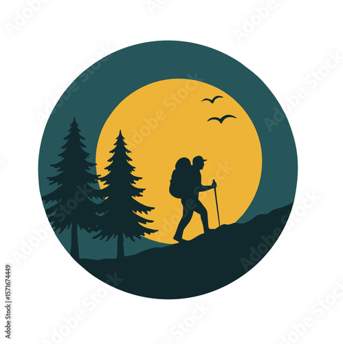 Backpacking & Wilderness Travel Illustration: Solo Hiker Ascending Hill at Dusk/Dawn