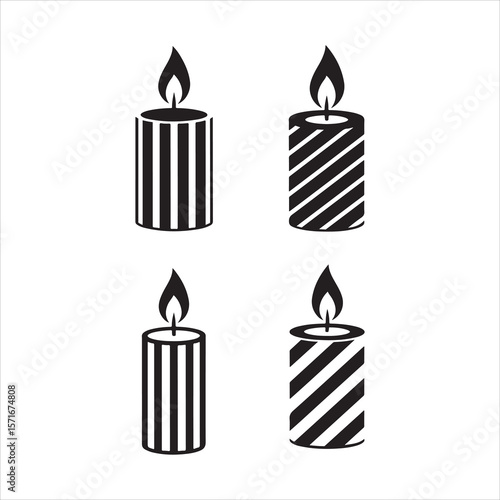 Four stylized candles with striped patterns silhouette isolated on white background Art & Illustration
