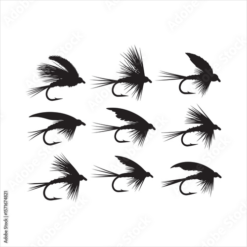 Collection of nine black fishing fly silhouettes isolated on white background silhouette Art & Illustration
