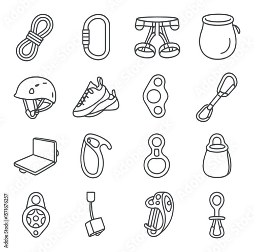 Climbing gear collection, mountaineering equipment icons. hiking and outdoor tools set