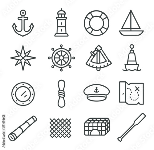 Nautical icons collection, maritime symbols. sea and ocean themed design set
