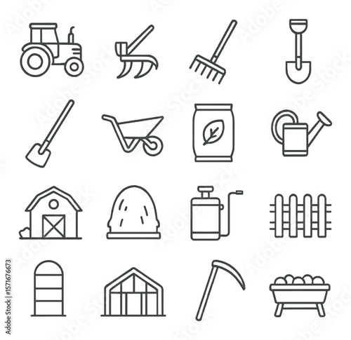 Farming equipment collection, agriculture tools set. harvest and gardening icons pack