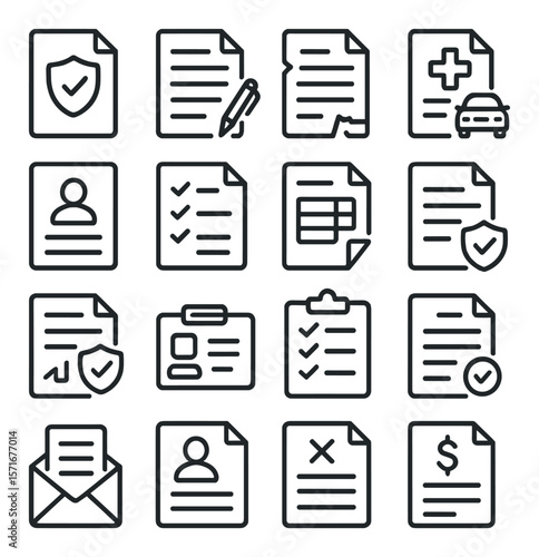 Insurance document icons collection, simple office symbols. protection and paperwork set