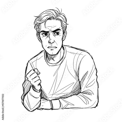 Angry man with short hair expressing frustration and irritation on white background