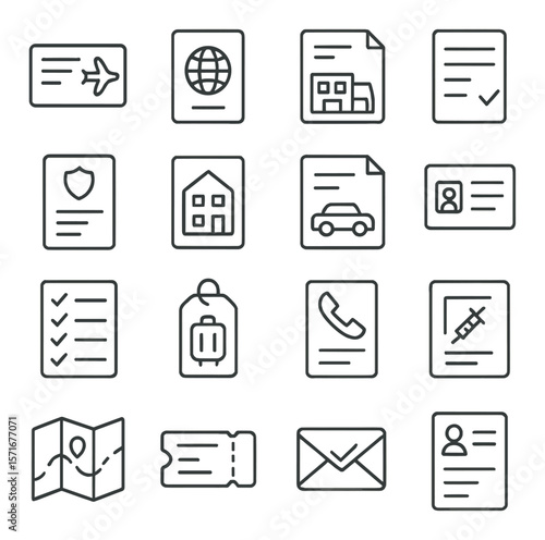Travel document icon collection, travel paperwork symbols. identification and passport set