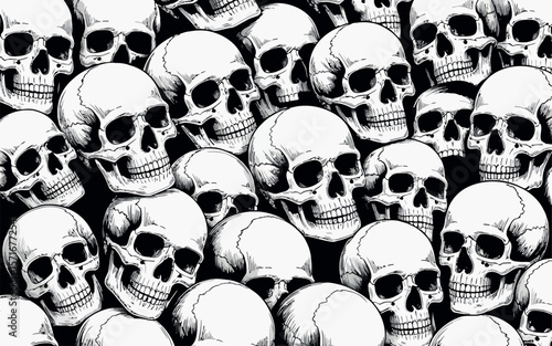  image presents a dense, monochromatic arrangement of human skulls, overlapping and filling the frame.