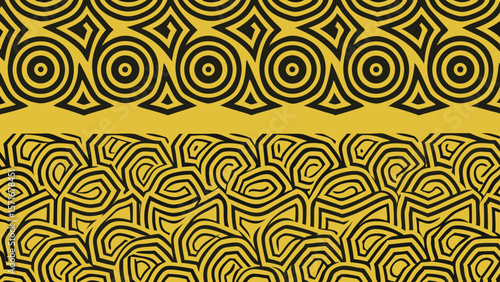 Abstract geometric patterns in black and yellow create a striking visual contrast