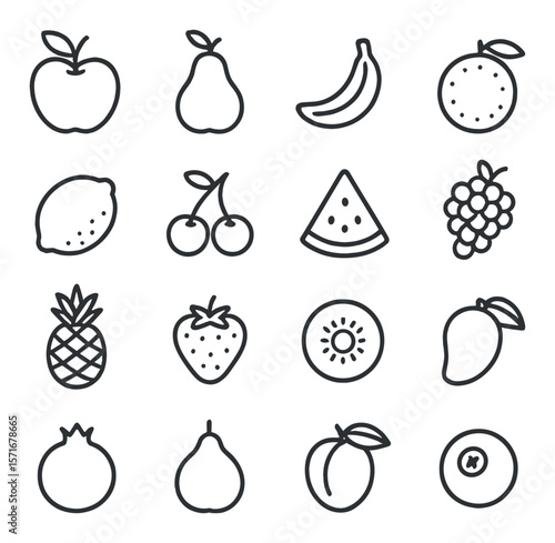 Fruit line art collection, simple fruit icons set. minimalist produce and food symbols
