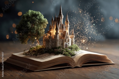Educational exploration of fantasy realms with a book depicting a majestic castle surrounded by nature and enchanting sparkles