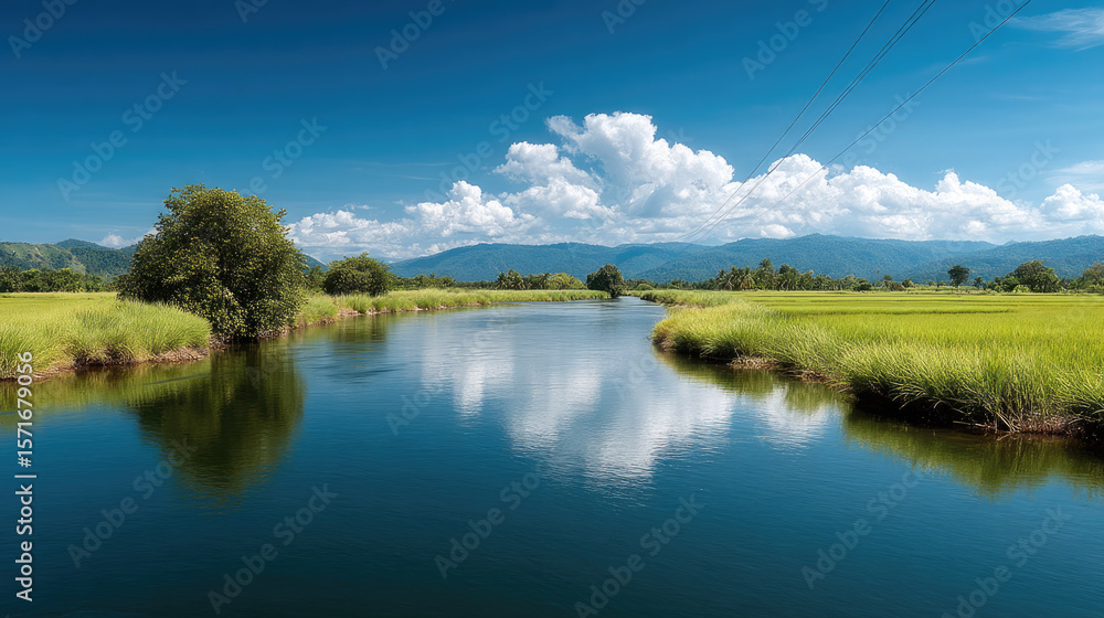 Tranquil river landscape with lush green grass, blue sky, white clouds, and distant mountains reflecting in calm water Tranquil river landscape with lush green grass, blue sky, white clouds, and distant mountains reflecting in calm water