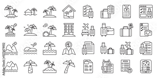 Island Travel Packing Essentials set of web icons in line style. island packing, travel essentials, beachwear, sunscreen, swimwear and travel checklist. Vector illustration.