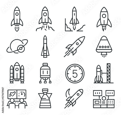 Rocket and satellite icon collection, space exploration symbols. astronautics and launch set