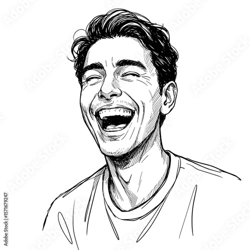 Laughing young man expressing joy with casual hairstyle on white background