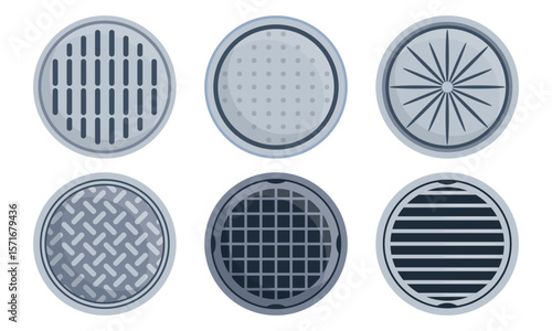 Set top view of industrial manhole covers in cartoon style. Vector illustration of round sewer, drain manholes with different patterns, holes isolated on white background.Cast iron, metal manholes.
