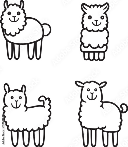   set of hand drawn line art vector of cute alpaca llama